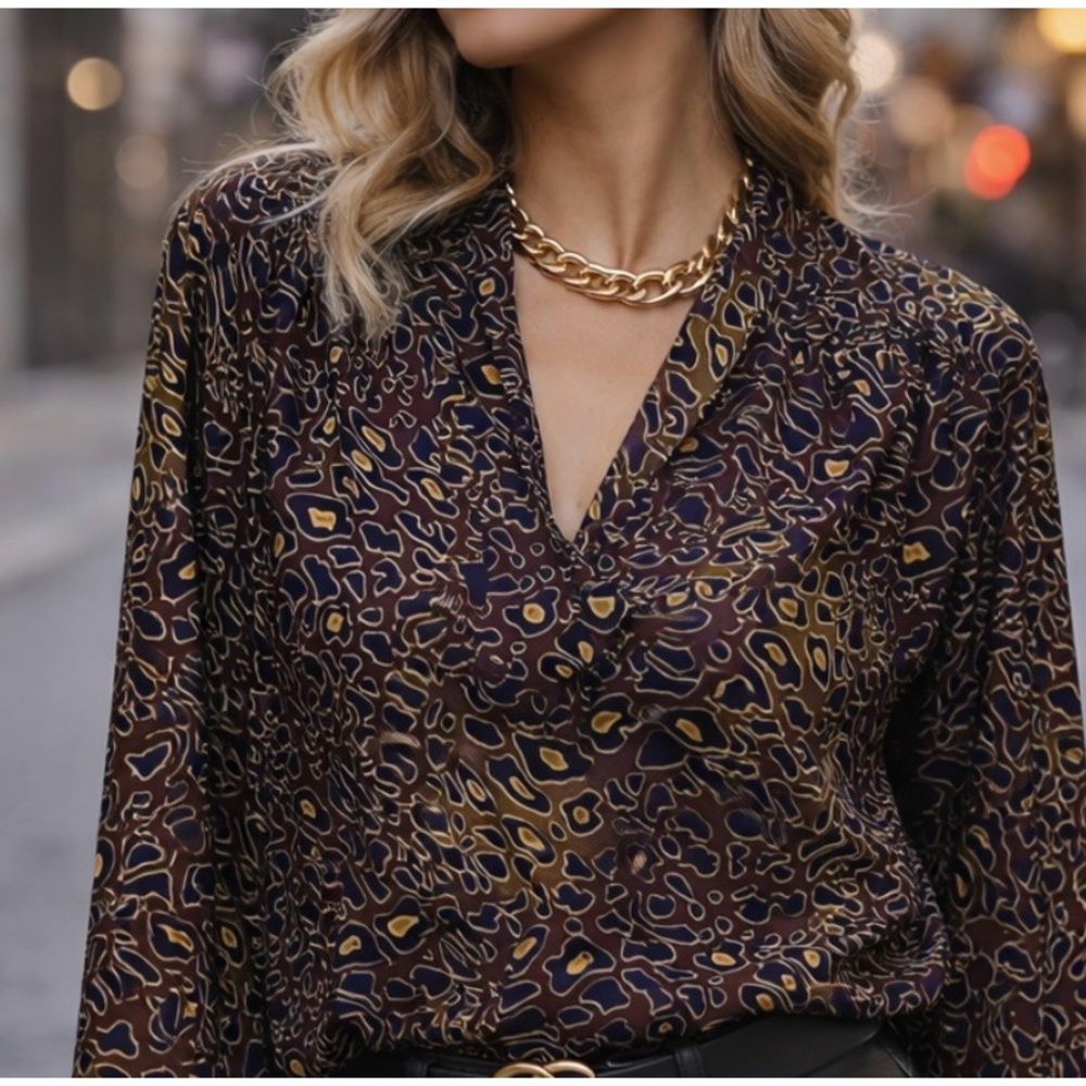 MASSIVE SALE!! Tory Burch Brown and Gold Printed V-Neck Blouse